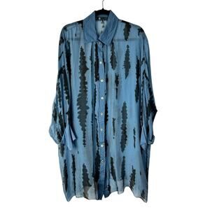 Women's Silk Viscose Blend Shirt Size S Blue Black Long Sleeve Button Up Sheer